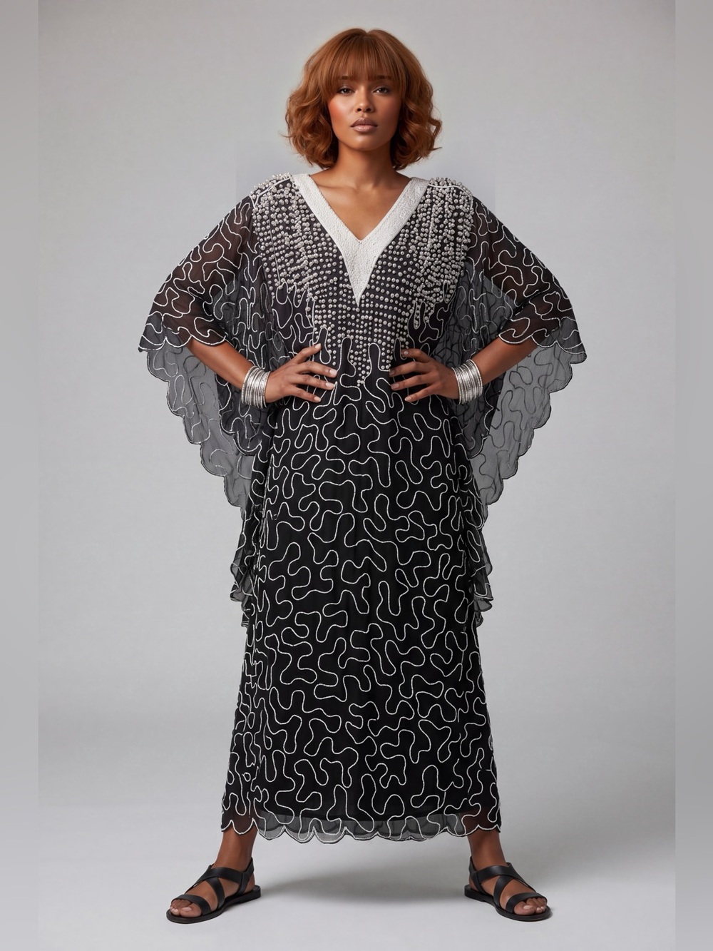 Embellished Black & White V-Neck Kaftan Dress